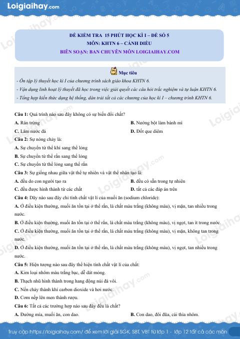 Đề kiểm tra 15 phút hk1 - đề số 5 Khoa học tự nhiên 6 có lời giải chi tiết